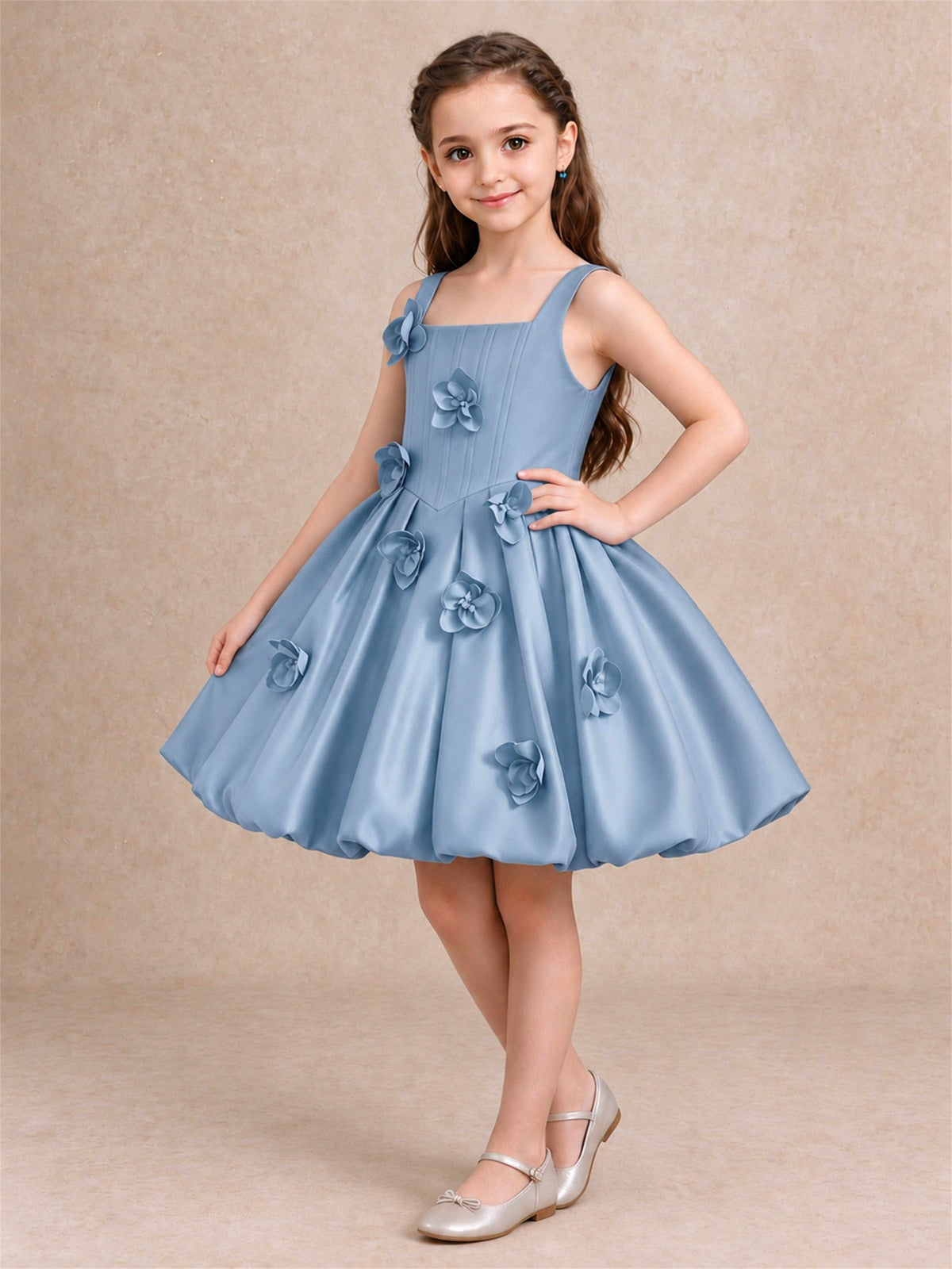 Satin Flower Girl Dress Square Neck 3D Floral Bubble Skirt with Big Bow for Wedding First Communion
