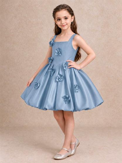 Satin Flower Girl Dress Square Neck 3D Floral Bubble Skirt with Big Bow for Wedding First Communion