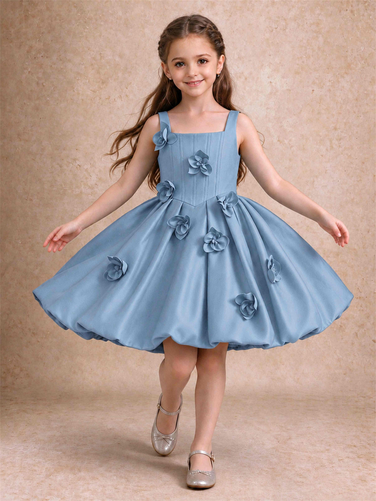 Satin Flower Girl Dress Square Neck 3D Floral Bubble Skirt with Big Bow for Wedding First Communion
