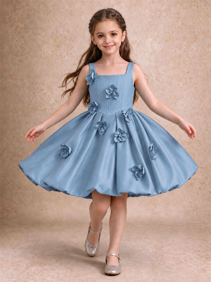 Satin Flower Girl Dress Square Neck 3D Floral Bubble Skirt with Big Bow for Wedding First Communion