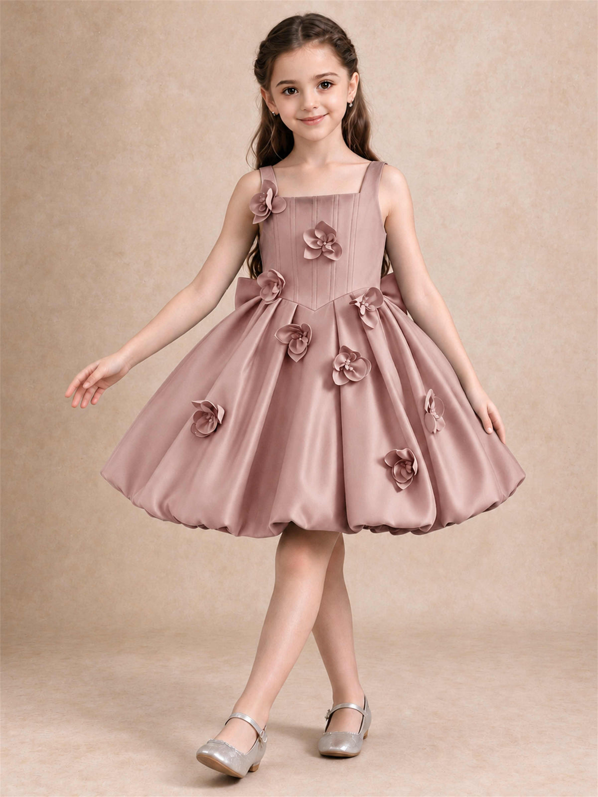 Satin Flower Girl Dress Square Neck 3D Floral Bubble Skirt with Big Bow for Wedding First Communion