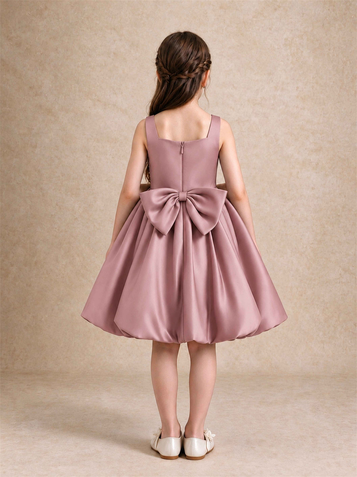 Satin Flower Girl Dress Square Neck 3D Floral Bubble Skirt with Big Bow for Wedding First Communion