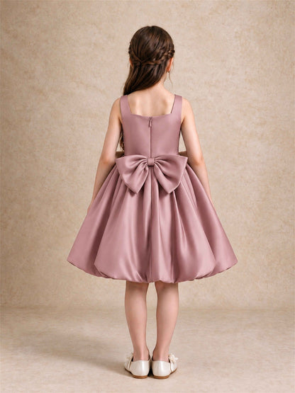Satin Flower Girl Dress Square Neck 3D Floral Bubble Skirt with Big Bow for Wedding First Communion