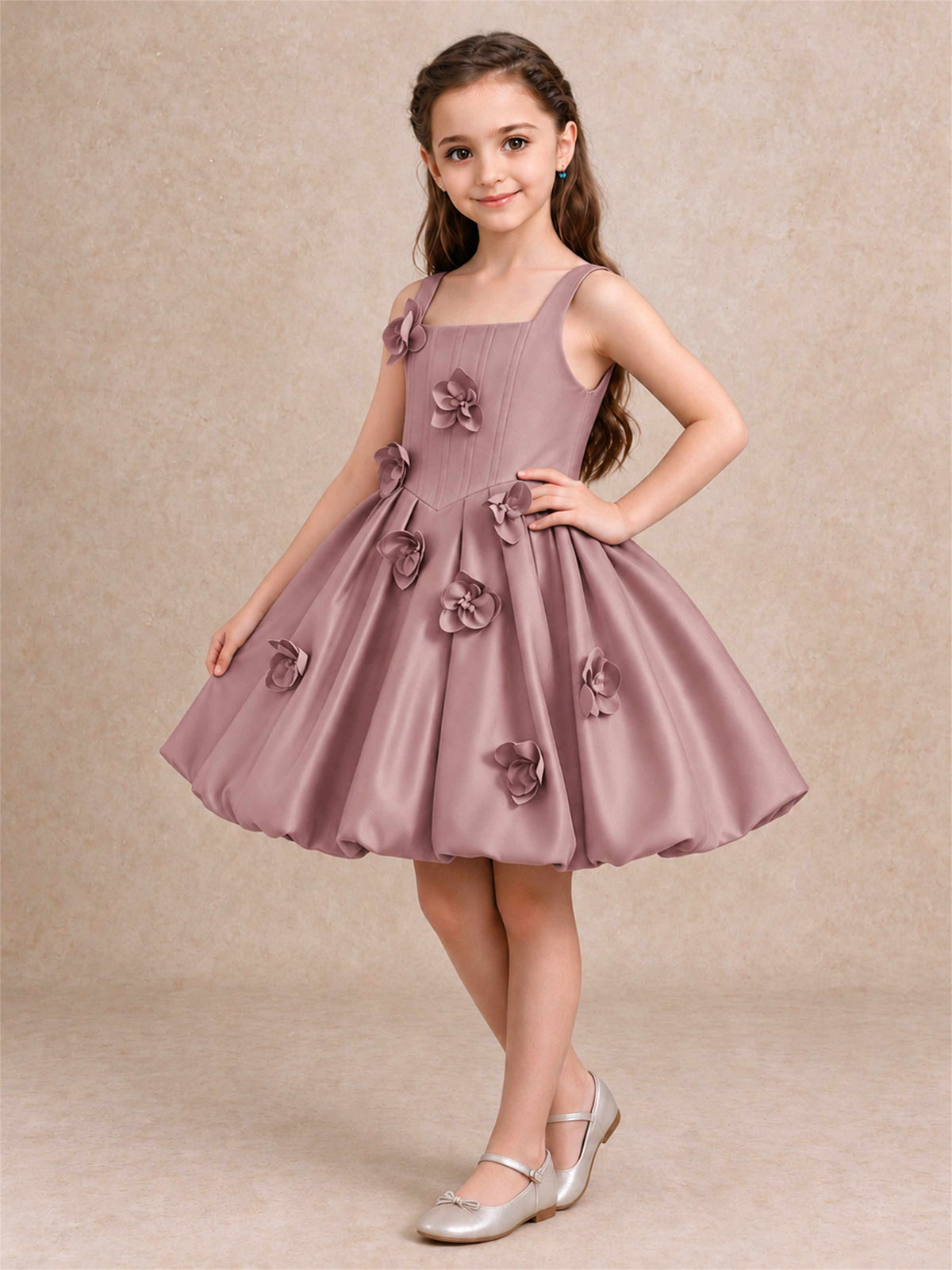 Satin Flower Girl Dress Square Neck 3D Floral Bubble Skirt with Big Bow for Wedding First Communion