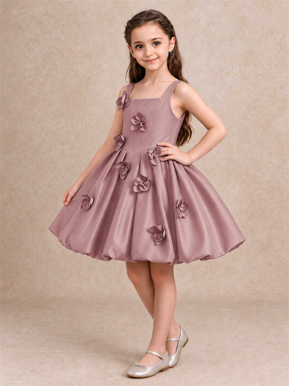 Satin Flower Girl Dress Square Neck 3D Floral Bubble Skirt with Big Bow for Wedding First Communion