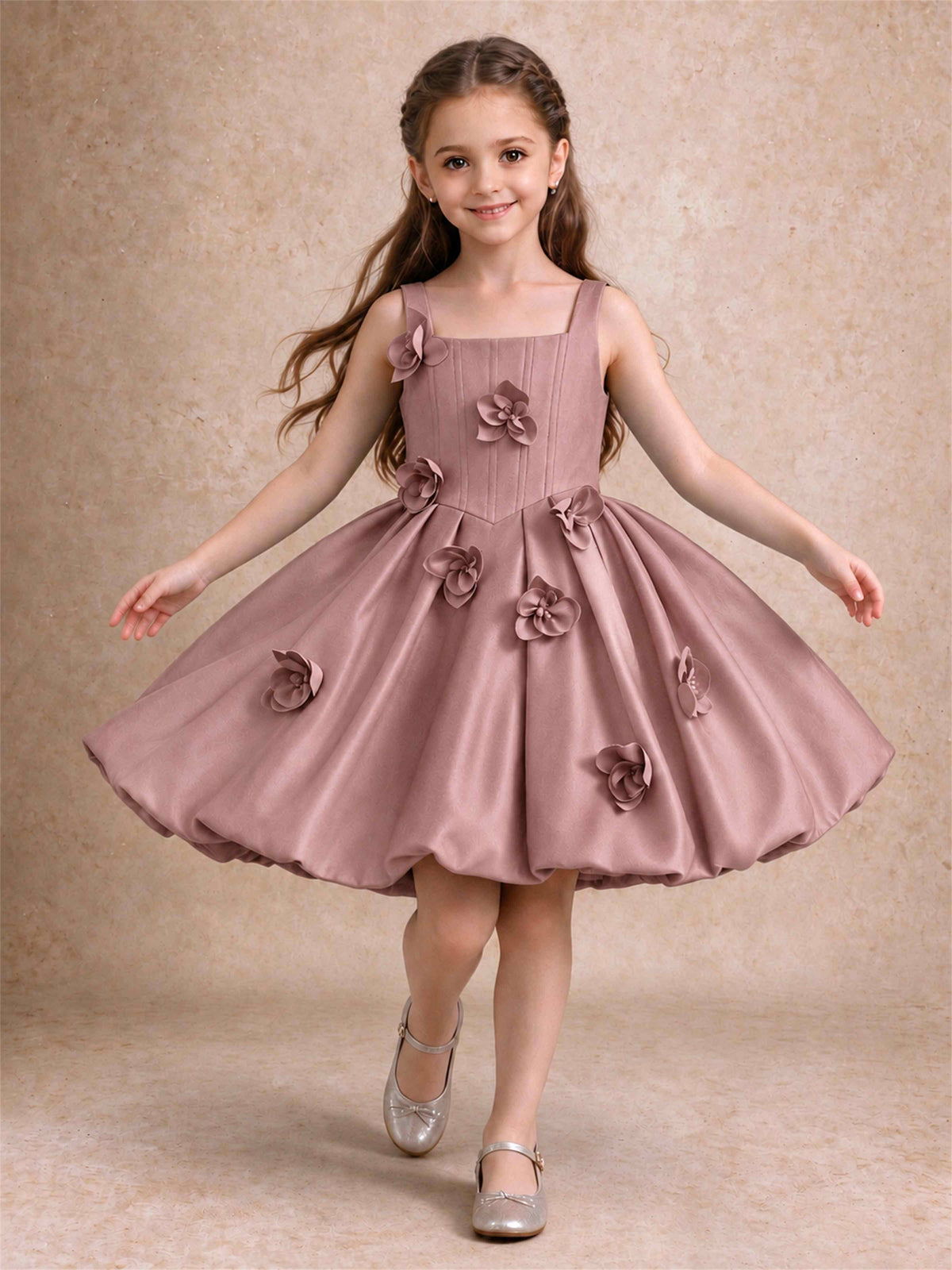 Satin Flower Girl Dress Square Neck 3D Floral Bubble Skirt with Big Bow for Wedding First Communion