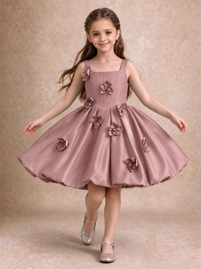 Satin Flower Girl Dress Square Neck 3D Floral Bubble Skirt with Big Bow for Wedding First Communion