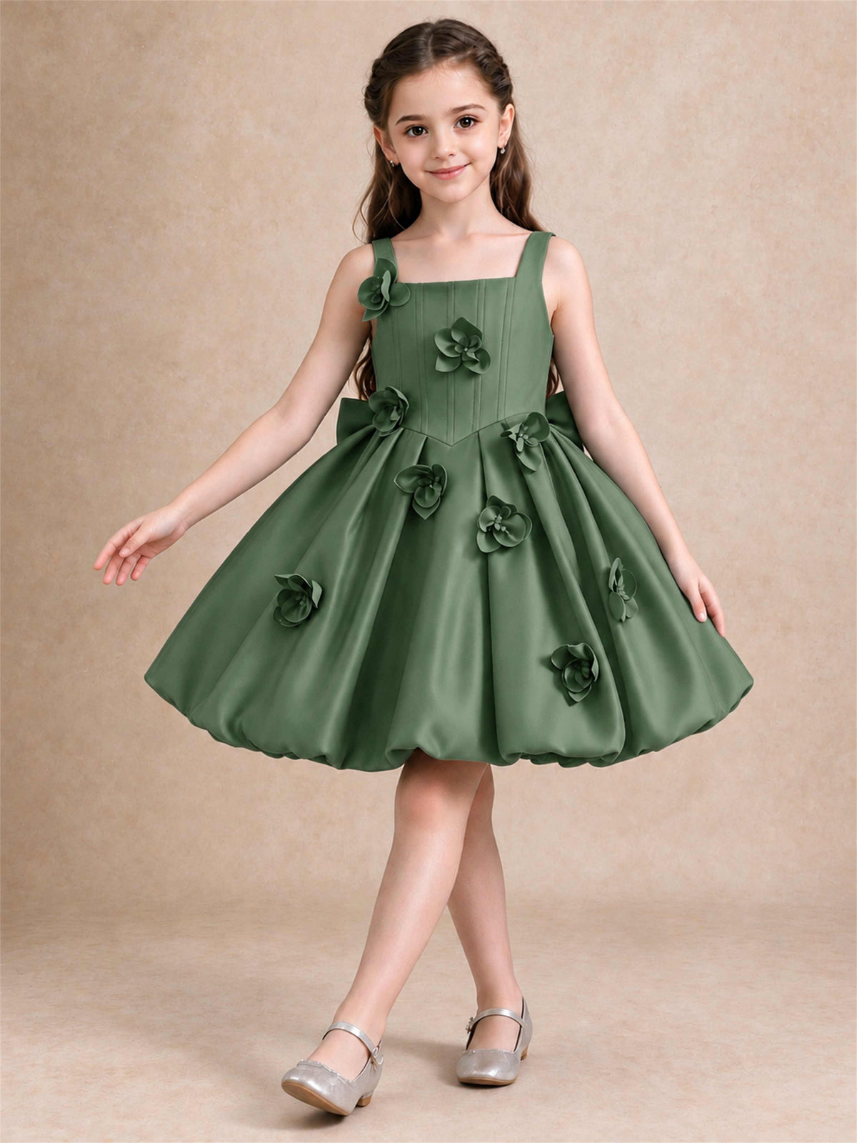 Satin Flower Girl Dress Square Neck 3D Floral Bubble Skirt with Big Bow for Wedding First Communion