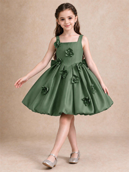 Satin Flower Girl Dress Square Neck 3D Floral Bubble Skirt with Big Bow for Wedding First Communion