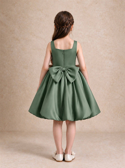 Satin Flower Girl Dress Square Neck 3D Floral Bubble Skirt with Big Bow for Wedding First Communion