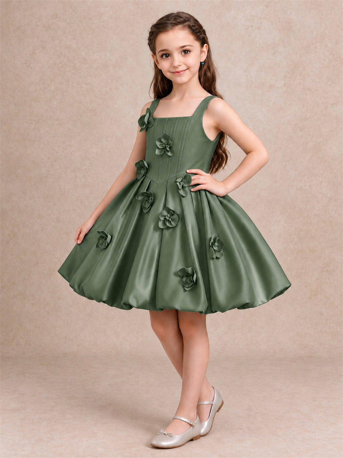 Satin Flower Girl Dress Square Neck 3D Floral Bubble Skirt with Big Bow for Wedding First Communion
