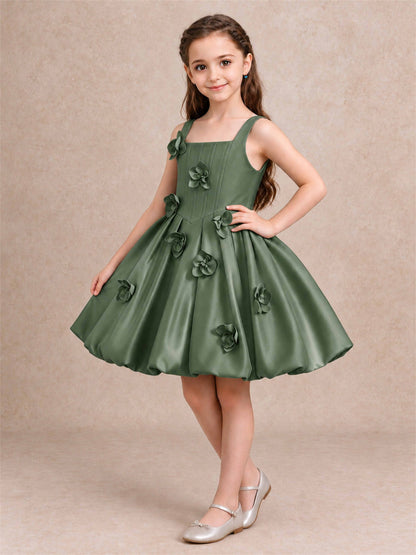 Satin Flower Girl Dress Square Neck 3D Floral Bubble Skirt with Big Bow for Wedding First Communion