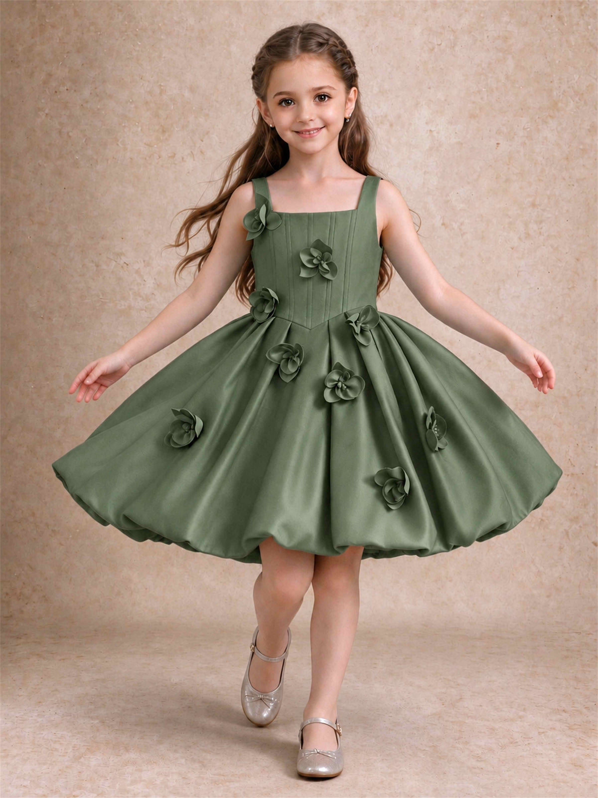 Satin Flower Girl Dress Square Neck 3D Floral Bubble Skirt with Big Bow for Wedding First Communion