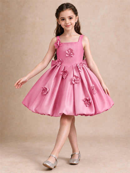 Satin Flower Girl Dress Square Neck 3D Floral Bubble Skirt with Big Bow for Wedding First Communion