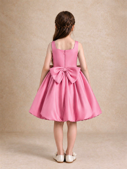 Satin Flower Girl Dress Square Neck 3D Floral Bubble Skirt with Big Bow for Wedding First Communion