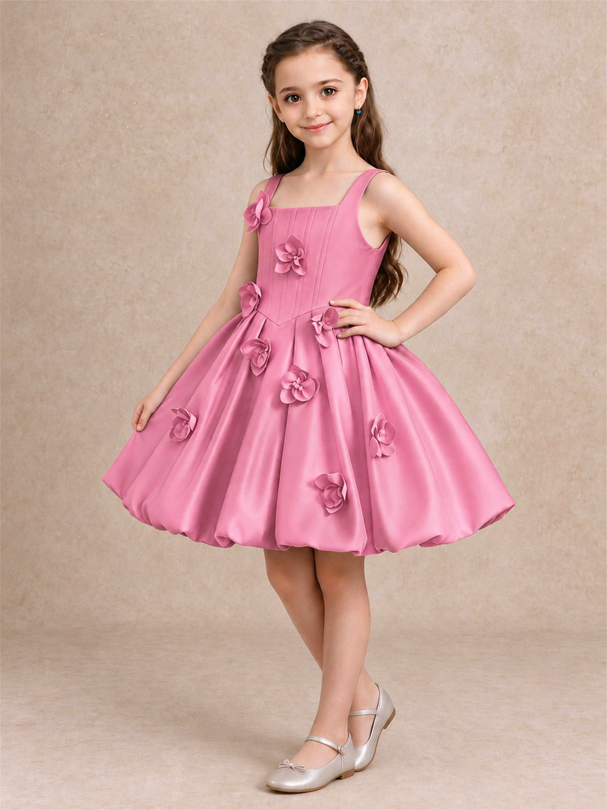 Satin Flower Girl Dress Square Neck 3D Floral Bubble Skirt with Big Bow for Wedding First Communion