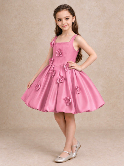 Satin Flower Girl Dress Square Neck 3D Floral Bubble Skirt with Big Bow for Wedding First Communion