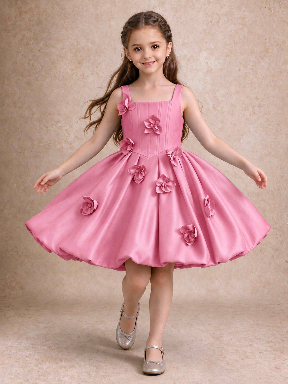 Satin Flower Girl Dress Square Neck 3D Floral Bubble Skirt with Big Bow for Wedding First Communion