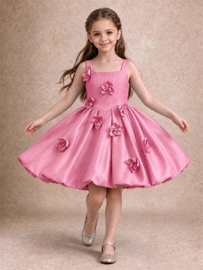 Satin Flower Girl Dress Square Neck 3D Floral Bubble Skirt with Big Bow for Wedding First Communion