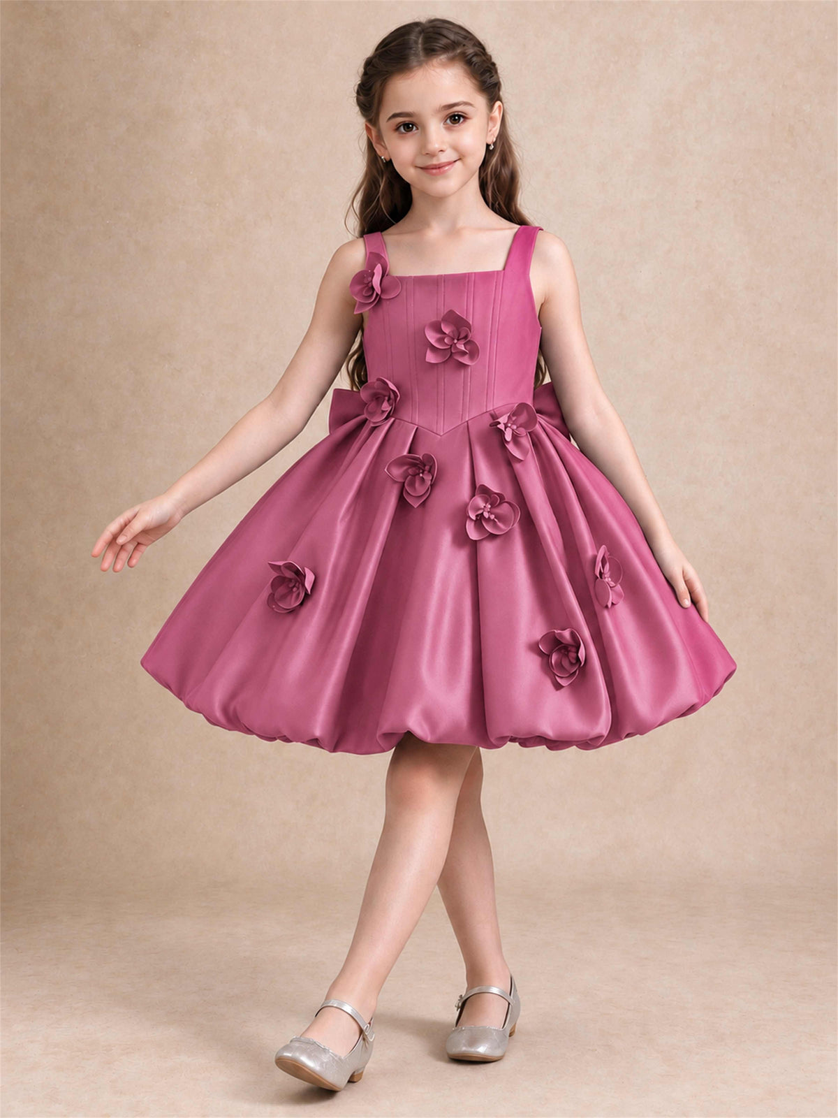 Satin Flower Girl Dress Square Neck 3D Floral Bubble Skirt with Big Bow for Wedding First Communion