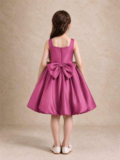 Satin Flower Girl Dress Square Neck 3D Floral Bubble Skirt with Big Bow for Wedding First Communion
