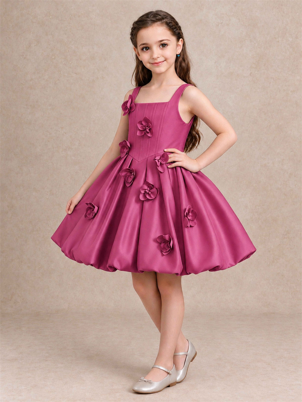 Satin Flower Girl Dress Square Neck 3D Floral Bubble Skirt with Big Bow for Wedding First Communion
