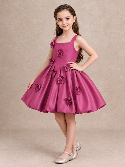 Satin Flower Girl Dress Square Neck 3D Floral Bubble Skirt with Big Bow for Wedding First Communion