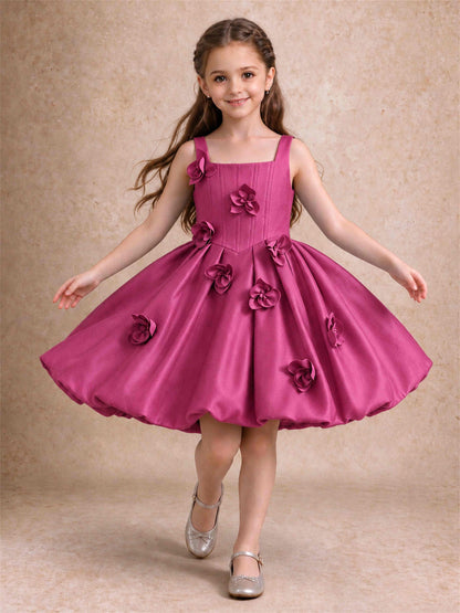 Satin Flower Girl Dress Square Neck 3D Floral Bubble Skirt with Big Bow for Wedding First Communion