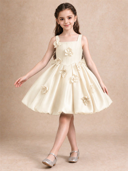 Satin Flower Girl Dress Square Neck 3D Floral Bubble Skirt with Big Bow for Wedding First Communion