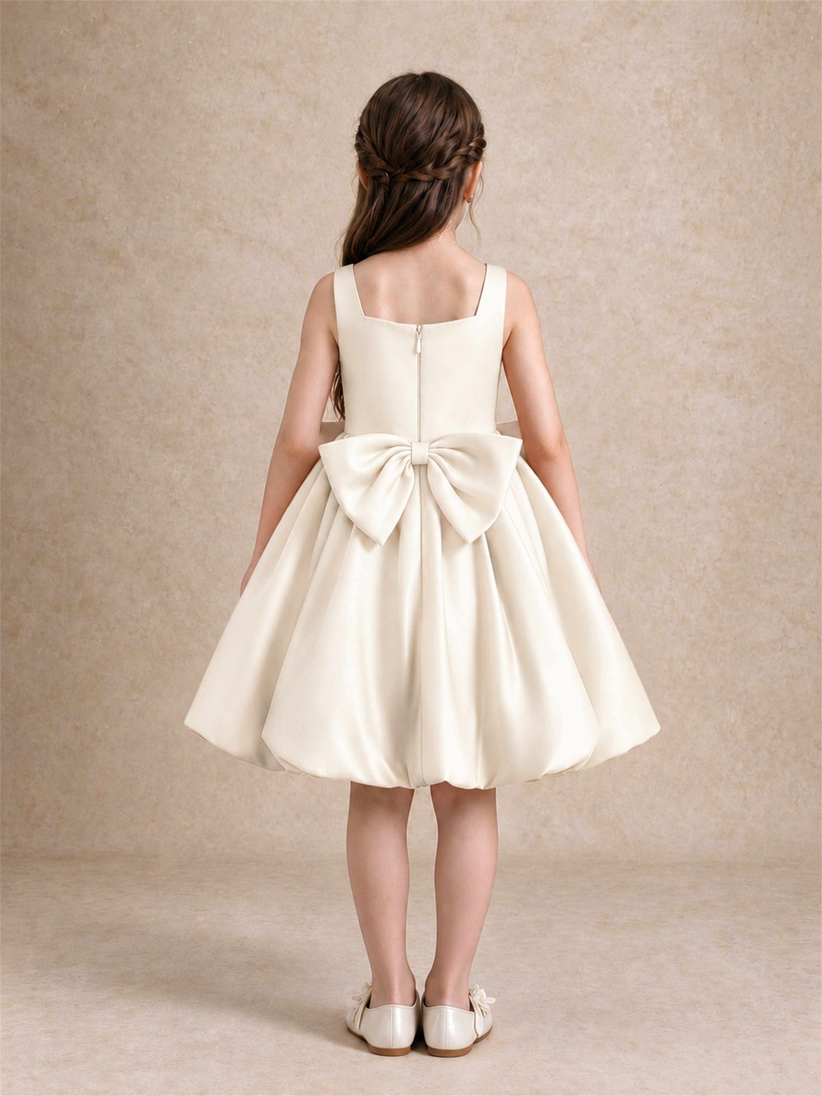 Satin Flower Girl Dress Square Neck 3D Floral Bubble Skirt with Big Bow for Wedding First Communion