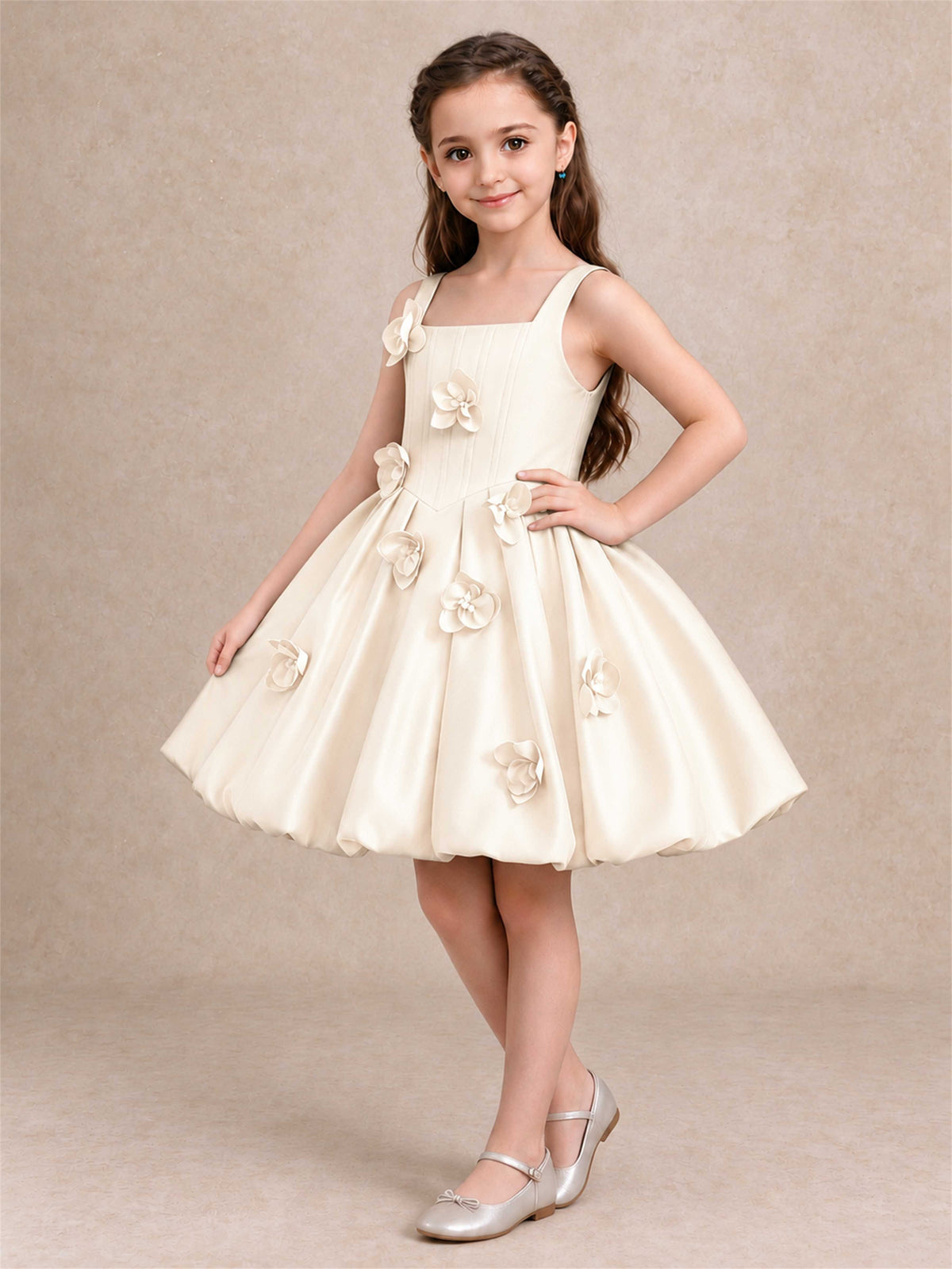 Satin Flower Girl Dress Square Neck 3D Floral Bubble Skirt with Big Bow for Wedding First Communion