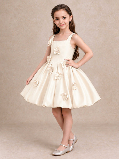 Satin Flower Girl Dress Square Neck 3D Floral Bubble Skirt with Big Bow for Wedding First Communion