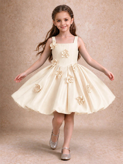 Satin Flower Girl Dress Square Neck 3D Floral Bubble Skirt with Big Bow for Wedding First Communion