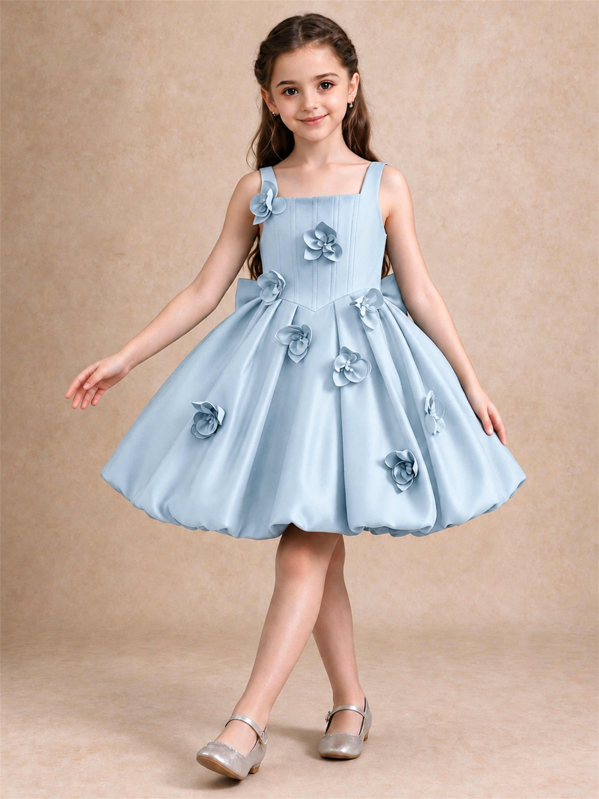 Satin Flower Girl Dress Square Neck 3D Floral Bubble Skirt with Big Bow for Wedding First Communion