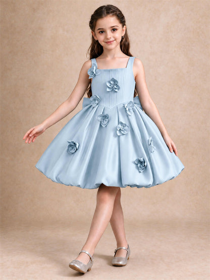 Satin Flower Girl Dress Square Neck 3D Floral Bubble Skirt with Big Bow for Wedding First Communion