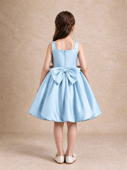 Satin Flower Girl Dress Square Neck 3D Floral Bubble Skirt with Big Bow for Wedding First Communion