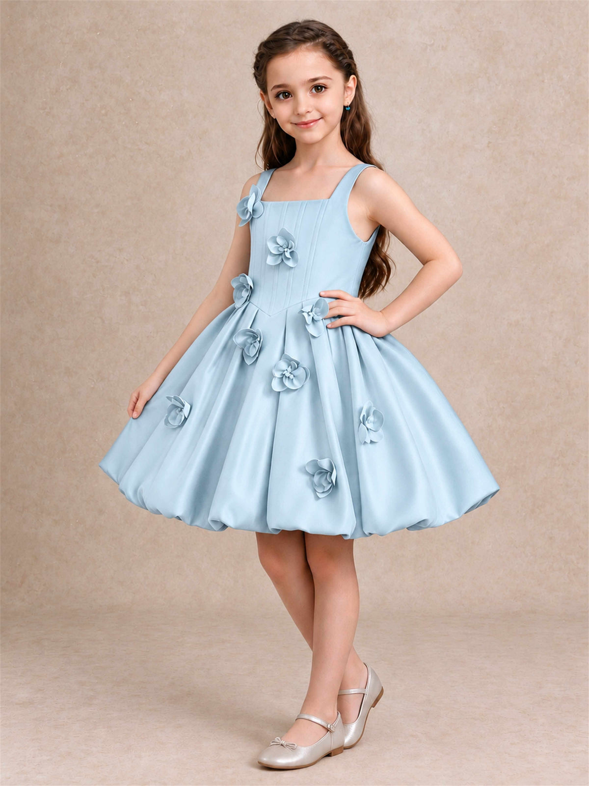 Satin Flower Girl Dress Square Neck 3D Floral Bubble Skirt with Big Bow for Wedding First Communion