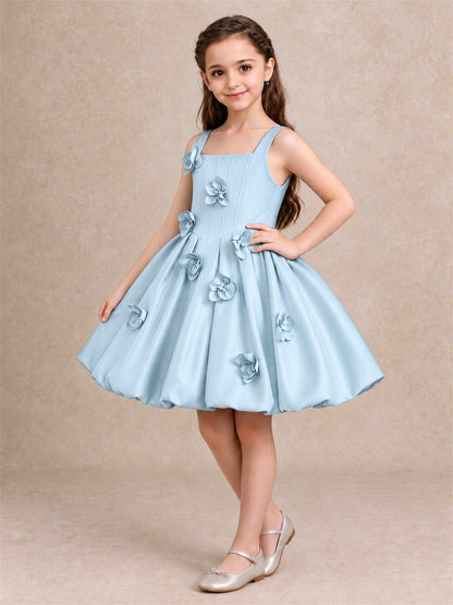 Satin Flower Girl Dress Square Neck 3D Floral Bubble Skirt with Big Bow for Wedding First Communion