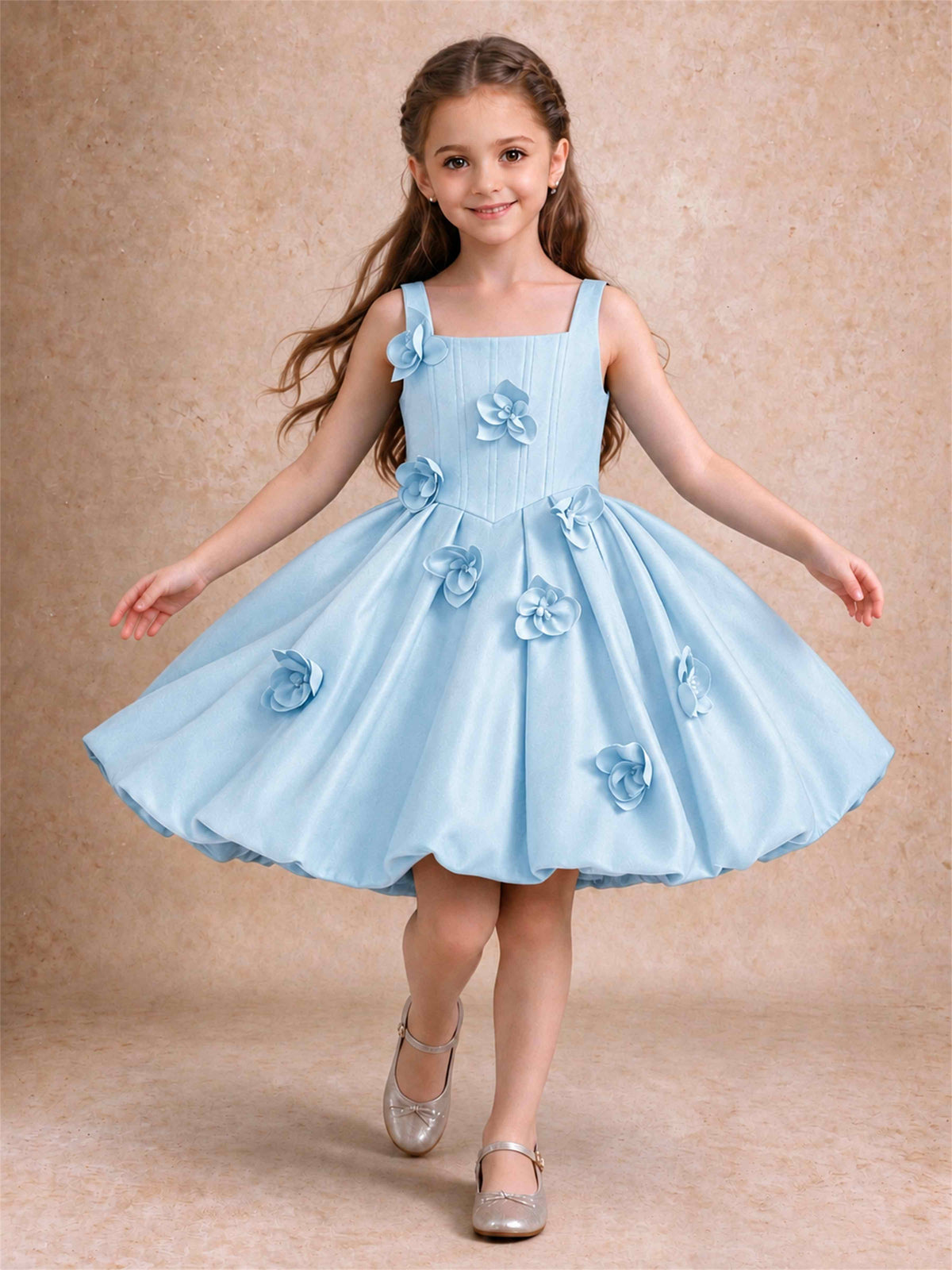 Satin Flower Girl Dress Square Neck 3D Floral Bubble Skirt with Big Bow for Wedding First Communion