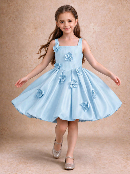 Satin Flower Girl Dress Square Neck 3D Floral Bubble Skirt with Big Bow for Wedding First Communion