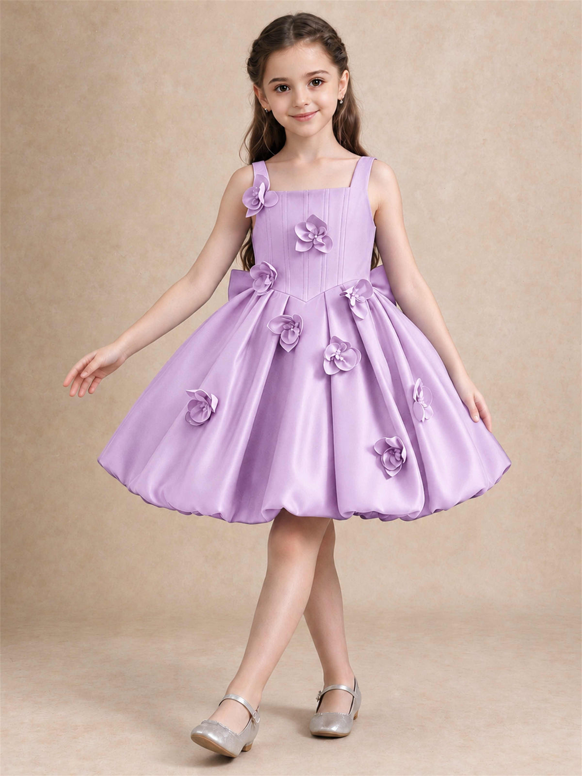 Satin Flower Girl Dress Square Neck 3D Floral Bubble Skirt with Big Bow for Wedding First Communion