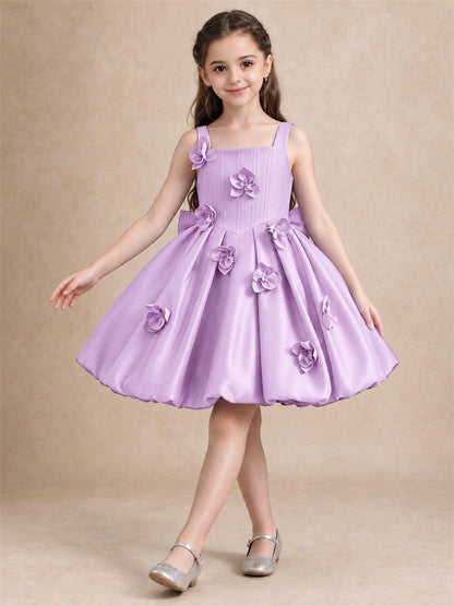 Satin Flower Girl Dress Square Neck 3D Floral Bubble Skirt with Big Bow for Wedding First Communion
