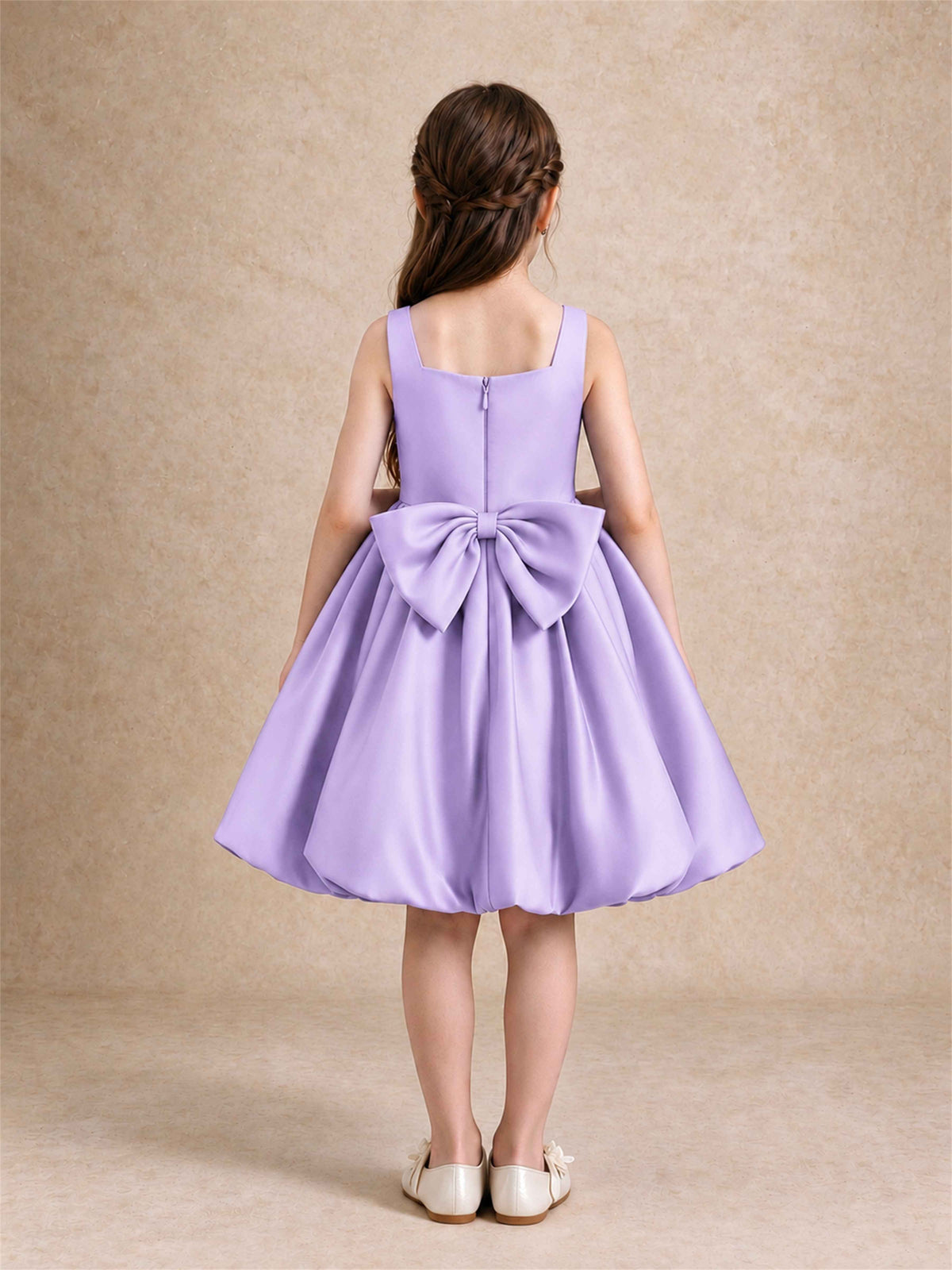 Satin Flower Girl Dress Square Neck 3D Floral Bubble Skirt with Big Bow for Wedding First Communion
