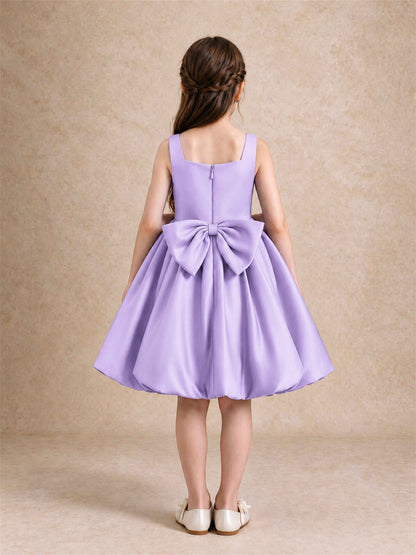 Satin Flower Girl Dress Square Neck 3D Floral Bubble Skirt with Big Bow for Wedding First Communion