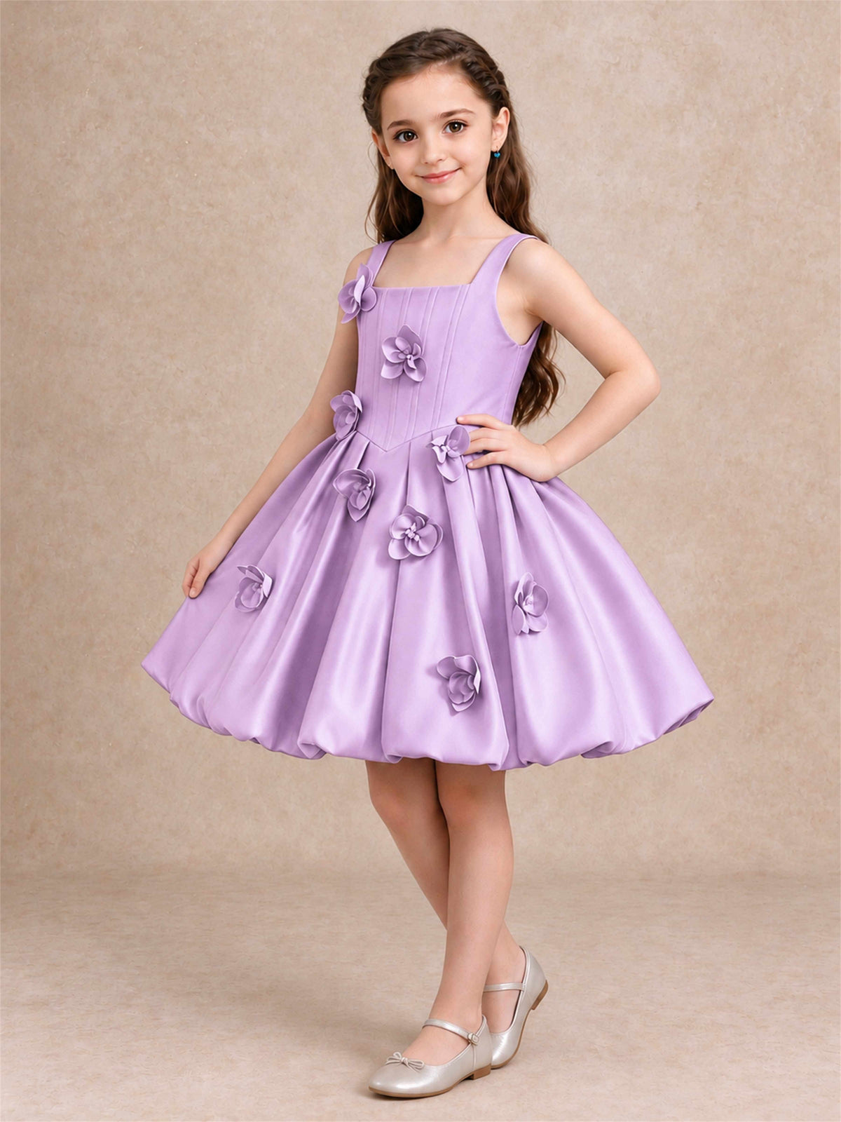 Satin Flower Girl Dress Square Neck 3D Floral Bubble Skirt with Big Bow for Wedding First Communion
