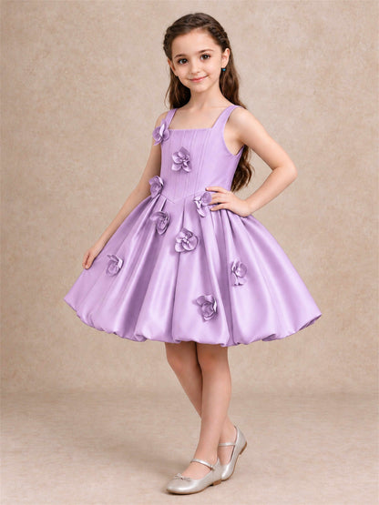 Satin Flower Girl Dress Square Neck 3D Floral Bubble Skirt with Big Bow for Wedding First Communion