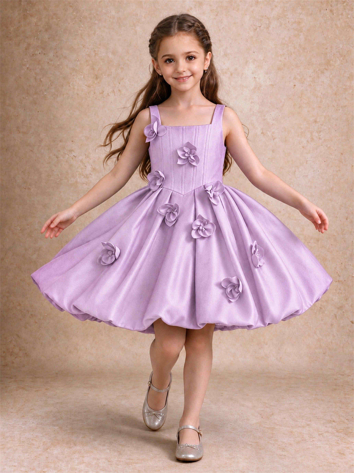 Satin Flower Girl Dress Square Neck 3D Floral Bubble Skirt with Big Bow for Wedding First Communion