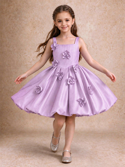 Satin Flower Girl Dress Square Neck 3D Floral Bubble Skirt with Big Bow for Wedding First Communion