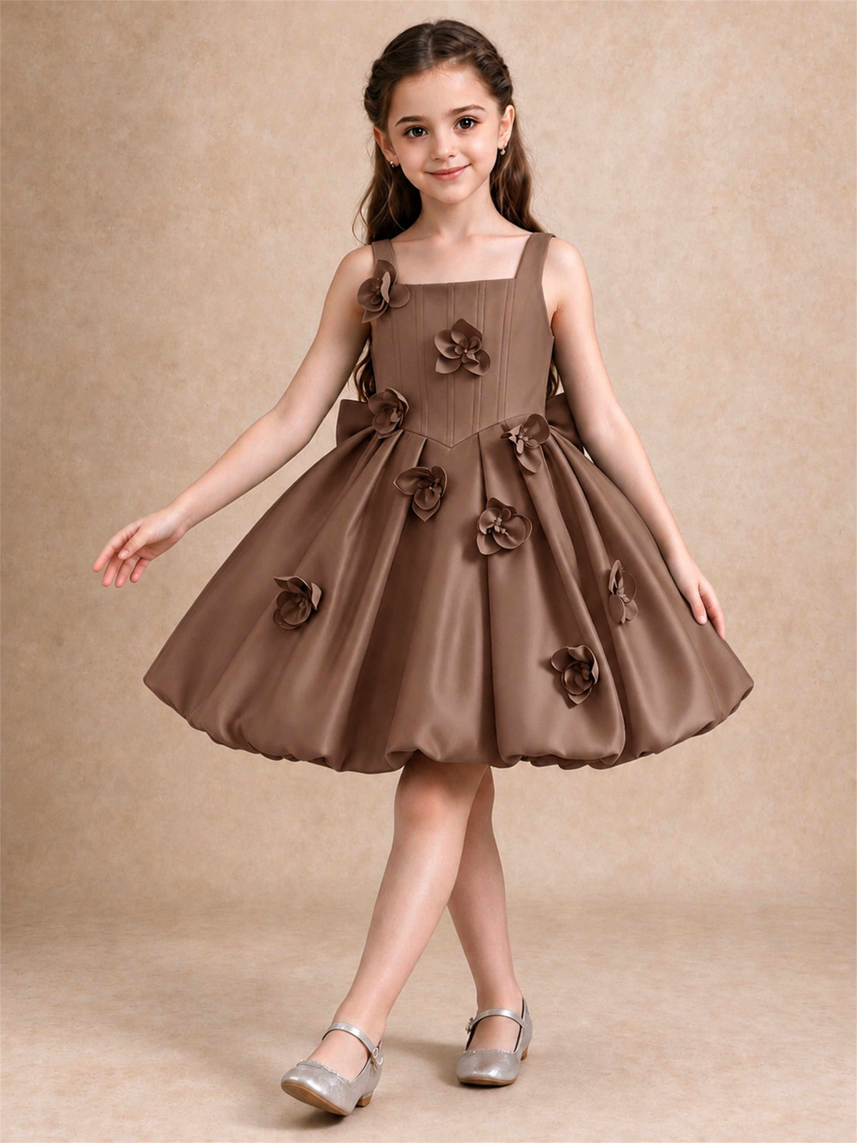 Satin Flower Girl Dress Square Neck 3D Floral Bubble Skirt with Big Bow for Wedding First Communion
