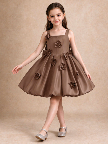 Satin Flower Girl Dress Square Neck 3D Floral Bubble Skirt with Big Bow for Wedding First Communion